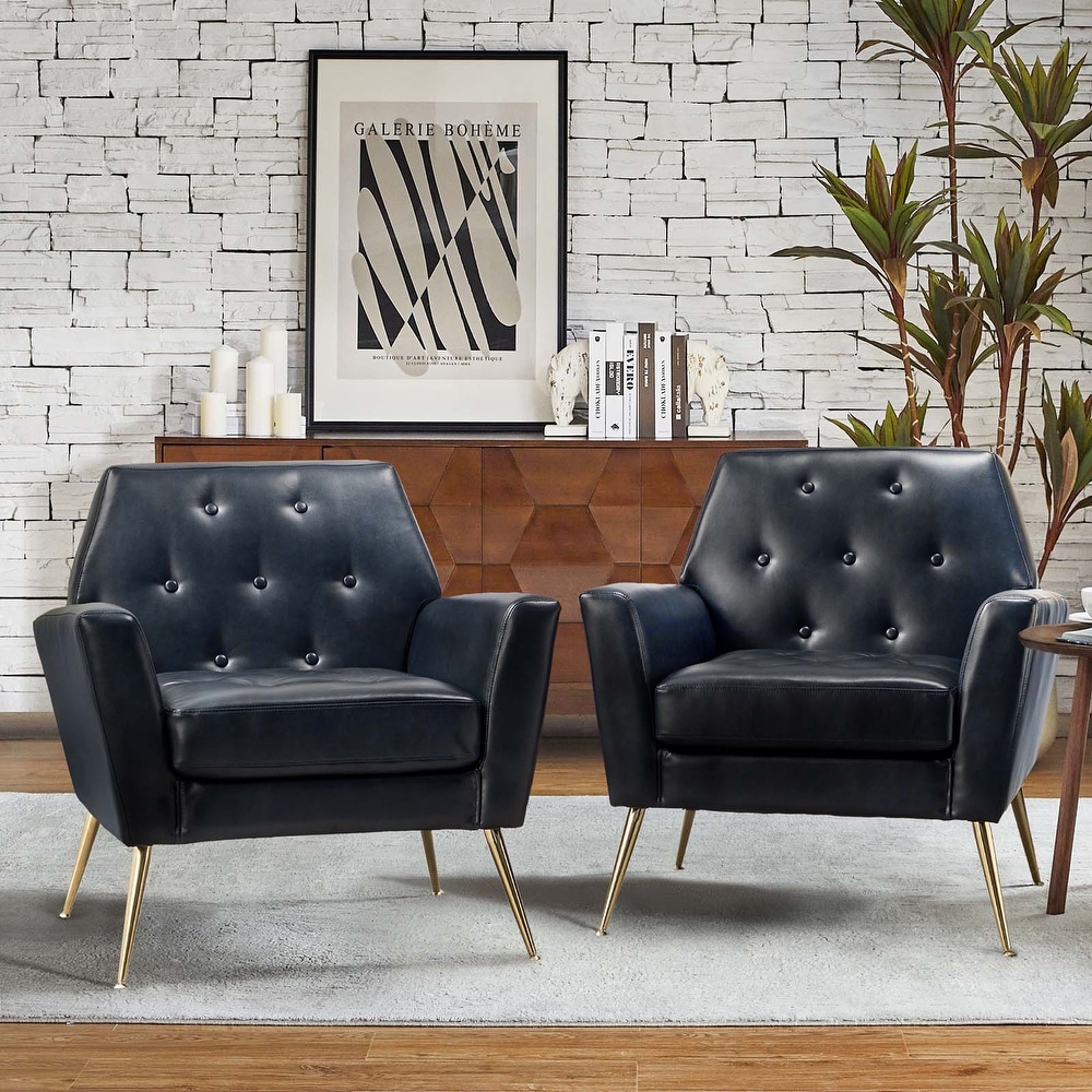 Lilia Modern Leather Button Tufted Arm Chair with Gold Accent Legs Set of 2 by HULALA HOME