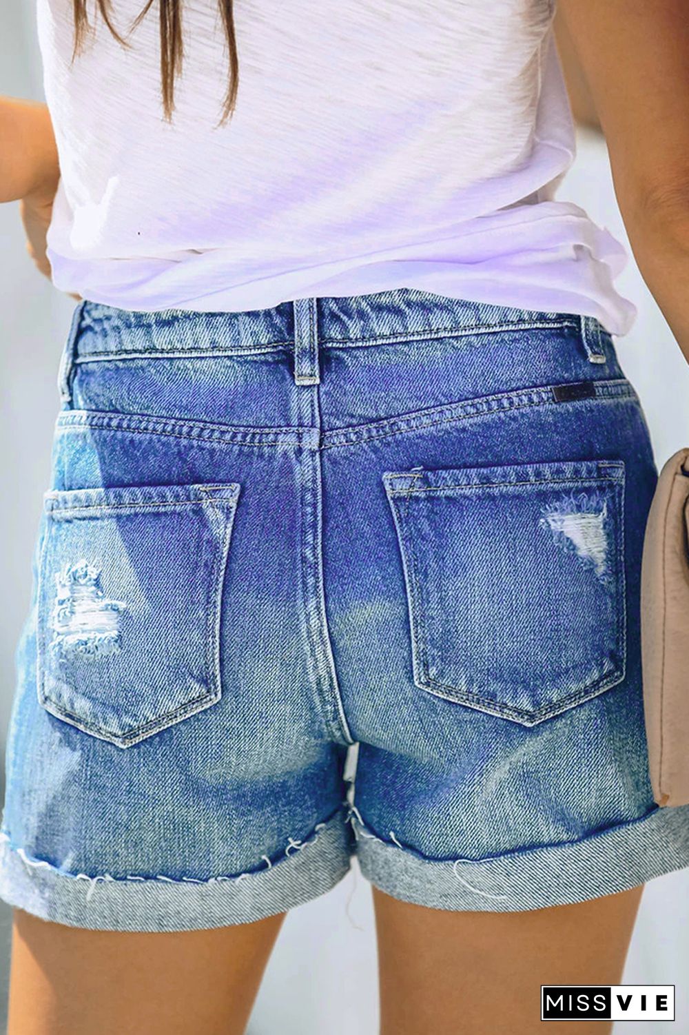 Light Blue High Waist Hemming Jeans Shorts Wholesale