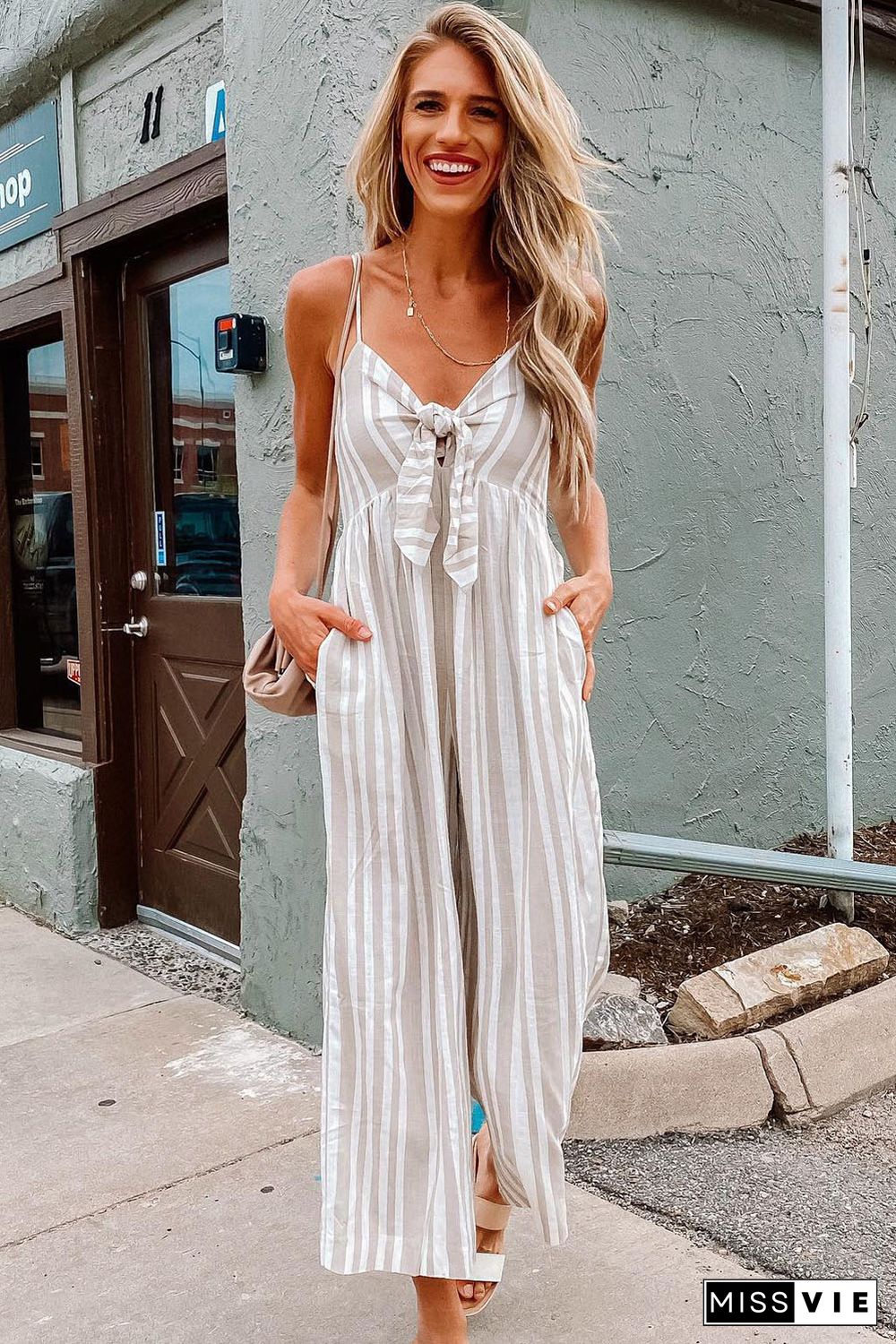 Front Knotted Striped Cropped Jumpsuit