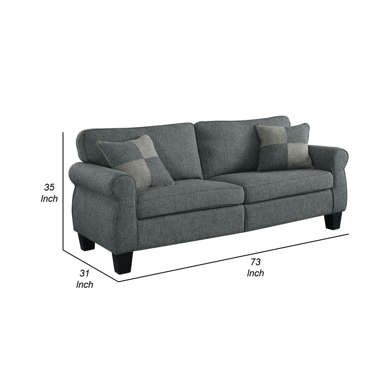 Sofa with Fabric Upholstery and Rolled Design Arms, Gray- Saltoro Sherpi