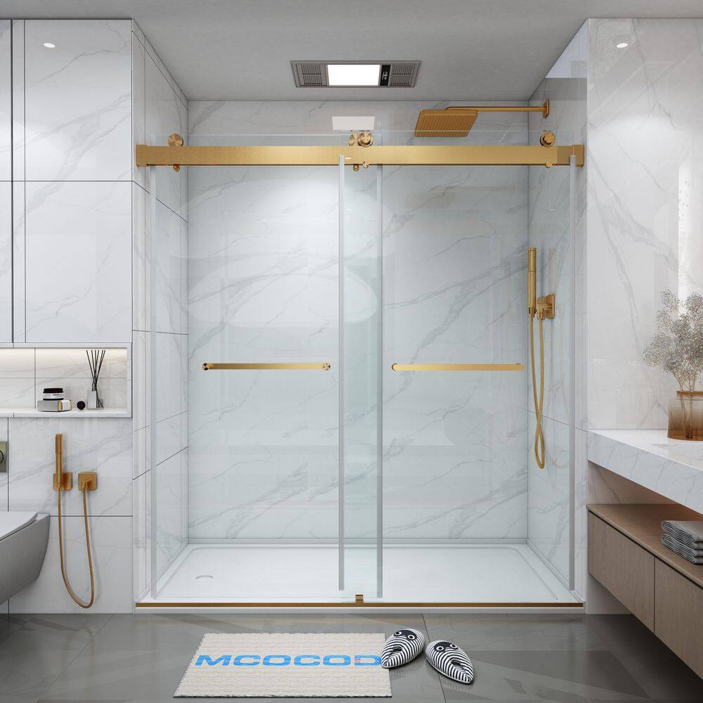 MCOCOD 60 in. W x 72 in. H Double Sliding Frameless Shower Door in Brushed Gold with Soft-Closing and 38 in. (10 mm) Glass DS13-60x72-BG