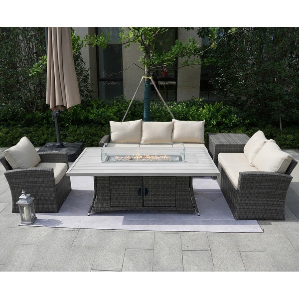 5Piece Patio Wicker Conversation Sofa with Firepit Table and Storage Box