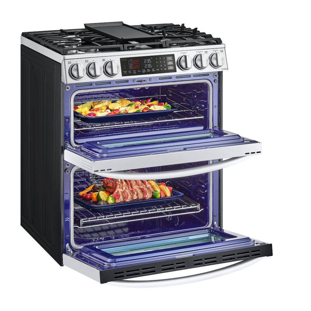 LG 6.9 cu. ft. Smart Slide-In Double Oven Gas Range with ProBake and InstaView in PrintProof Stainless Steel LTGL6937F