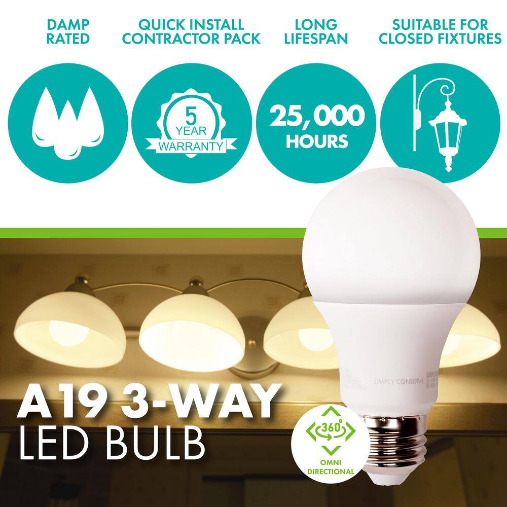 Simply Conserve 4060100-Watt Equivalent A19 3-Way LED Light Bulb 2700K Soft White 4-pack L12A193WAY27K-4