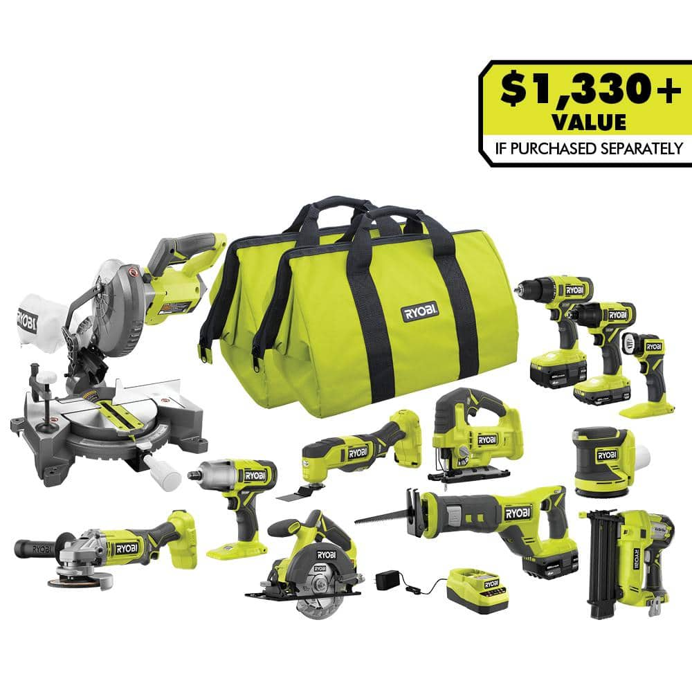 RYOBI ONE+ 18V 12-Tool Combo Kit with (1) 1.5 Ah Battery and (2) 4.0 Ah Batteries and Charger PCL2200K3N