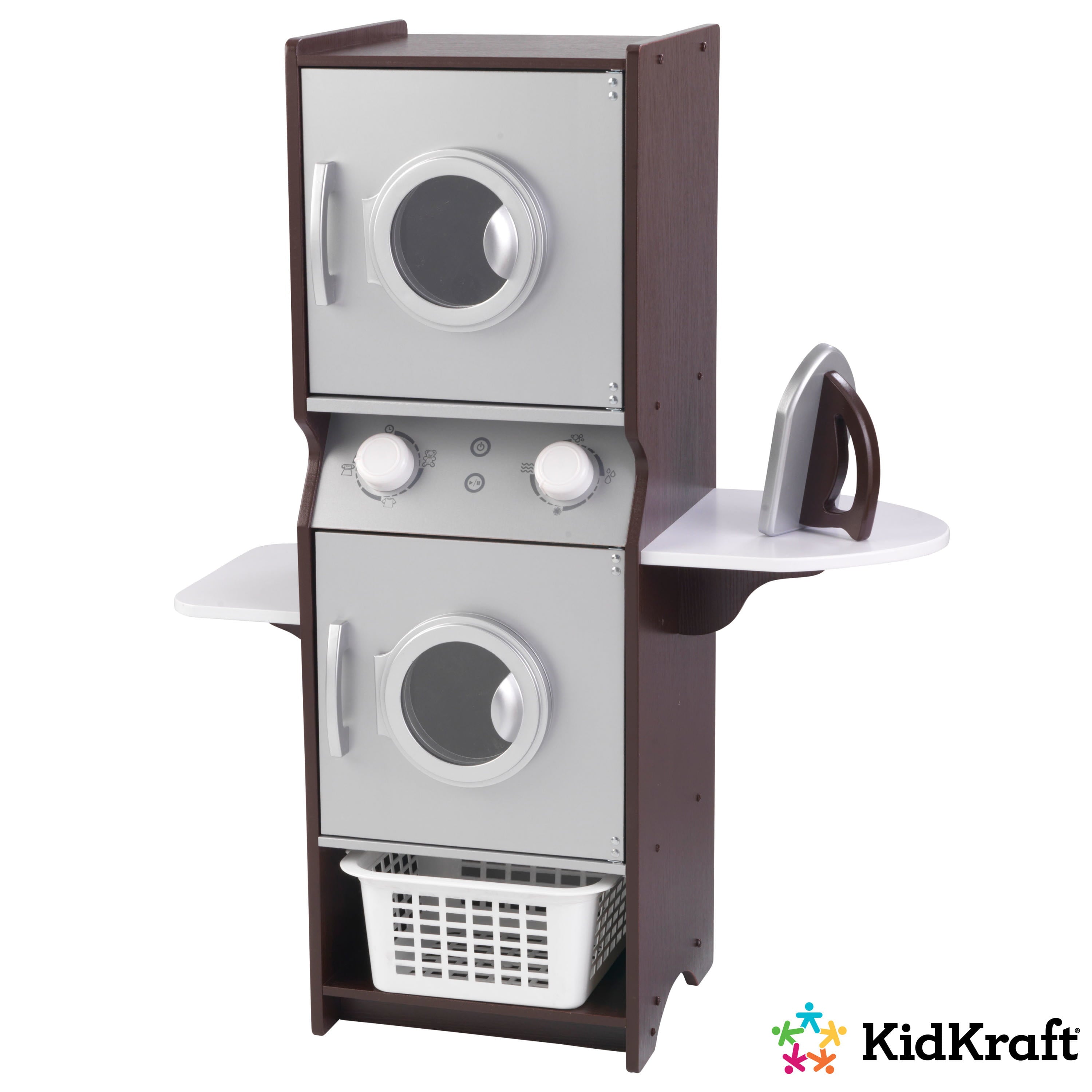 KidKraft Wooden Laundry Play Set， Stacking Washer and Dryer with Iron and Basket， Espresso