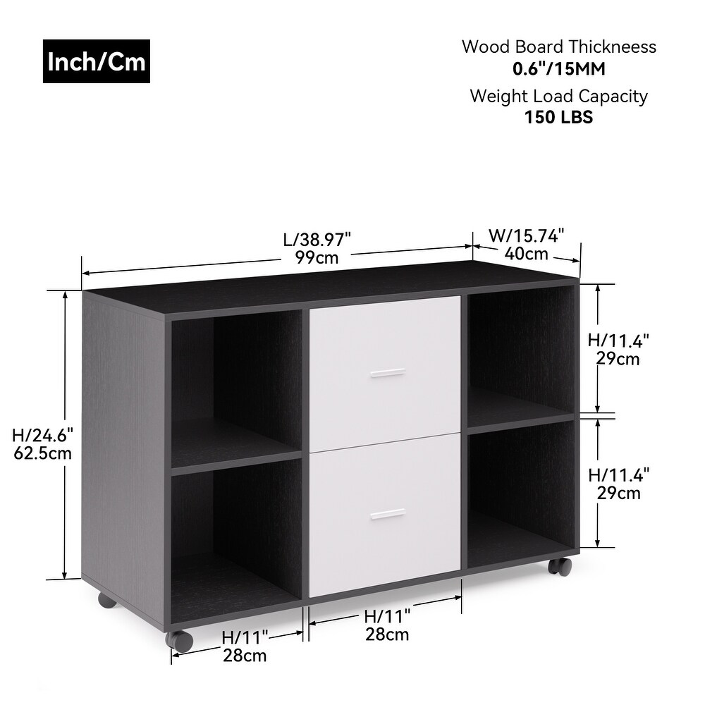 Wooden Filing Cabinet with 2 Drawers and 4 Open Storage Shelves  Equipped with Movable Wheels