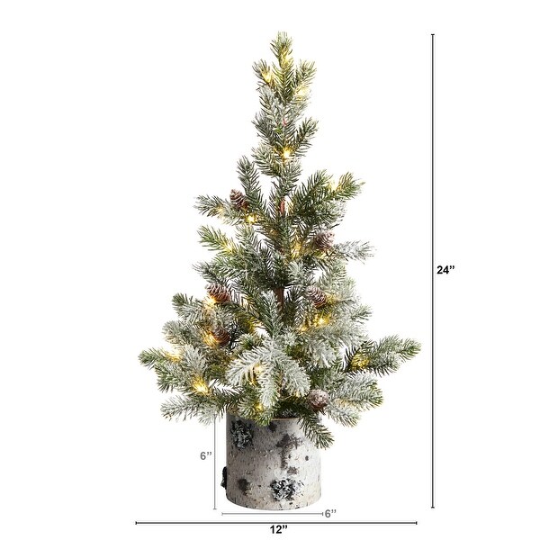 24 Flocked Christmas Tree in Decorative Birch Bark Planter