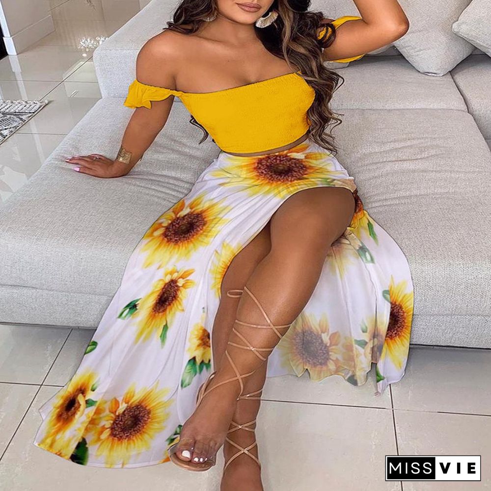 Off Shoulder Women Two Piece Set Sexy Slash Neck TopAnd Slit Summer Long Party Dress Suits Spring Floral Print Skirts Sets