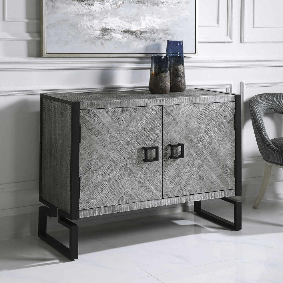 Luxe Modern Gray Herringbone Pattern Accent Cabinet Black Geometric Squares   Industrial   Accent Chests And Cabinets   by My Swanky Home  Houzz