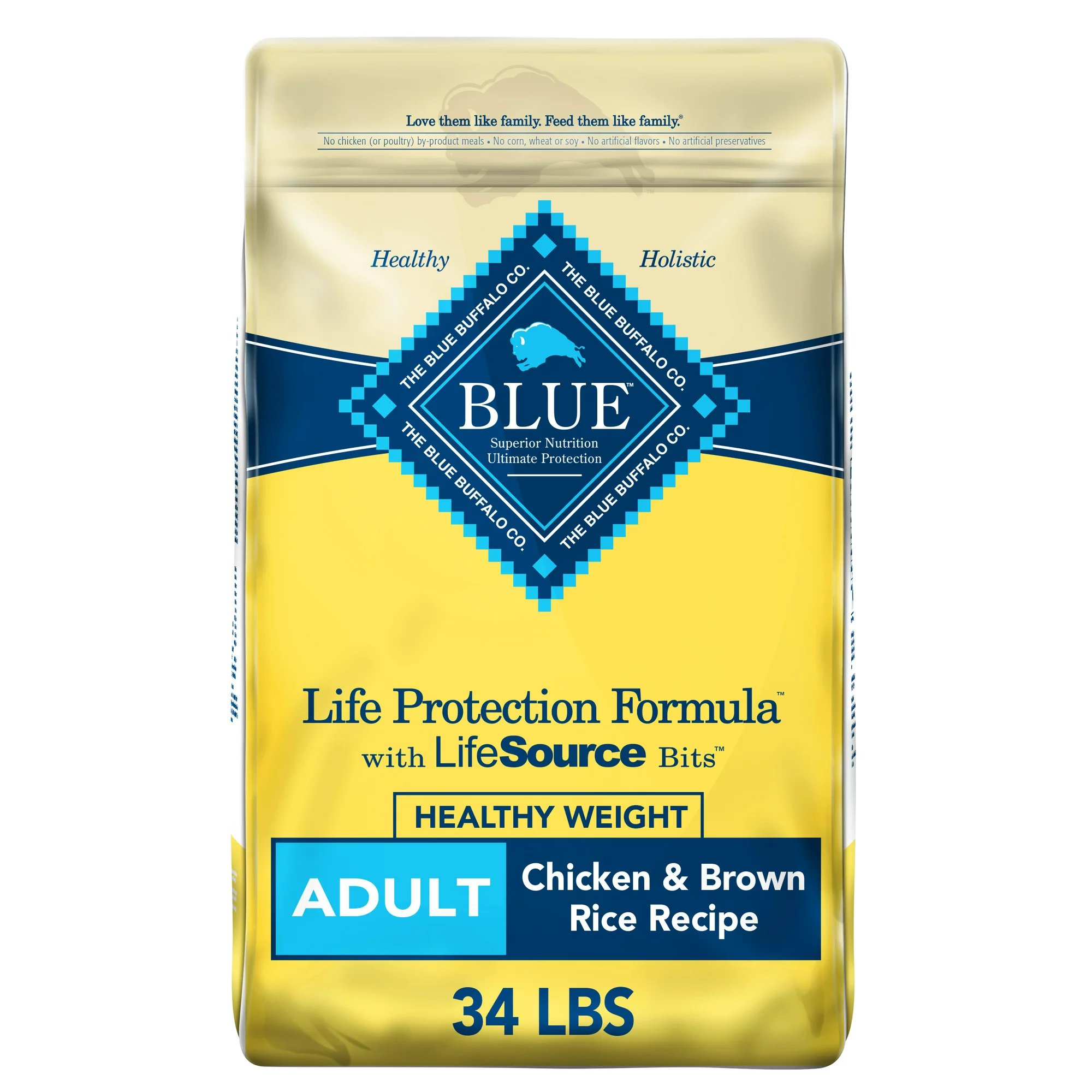 Blue Buffalo Life Protection Formula Chicken and Brown Rice Healthy Weight Dry Dog Food for Adult Dogs Whole Grain 34 lb. Bag