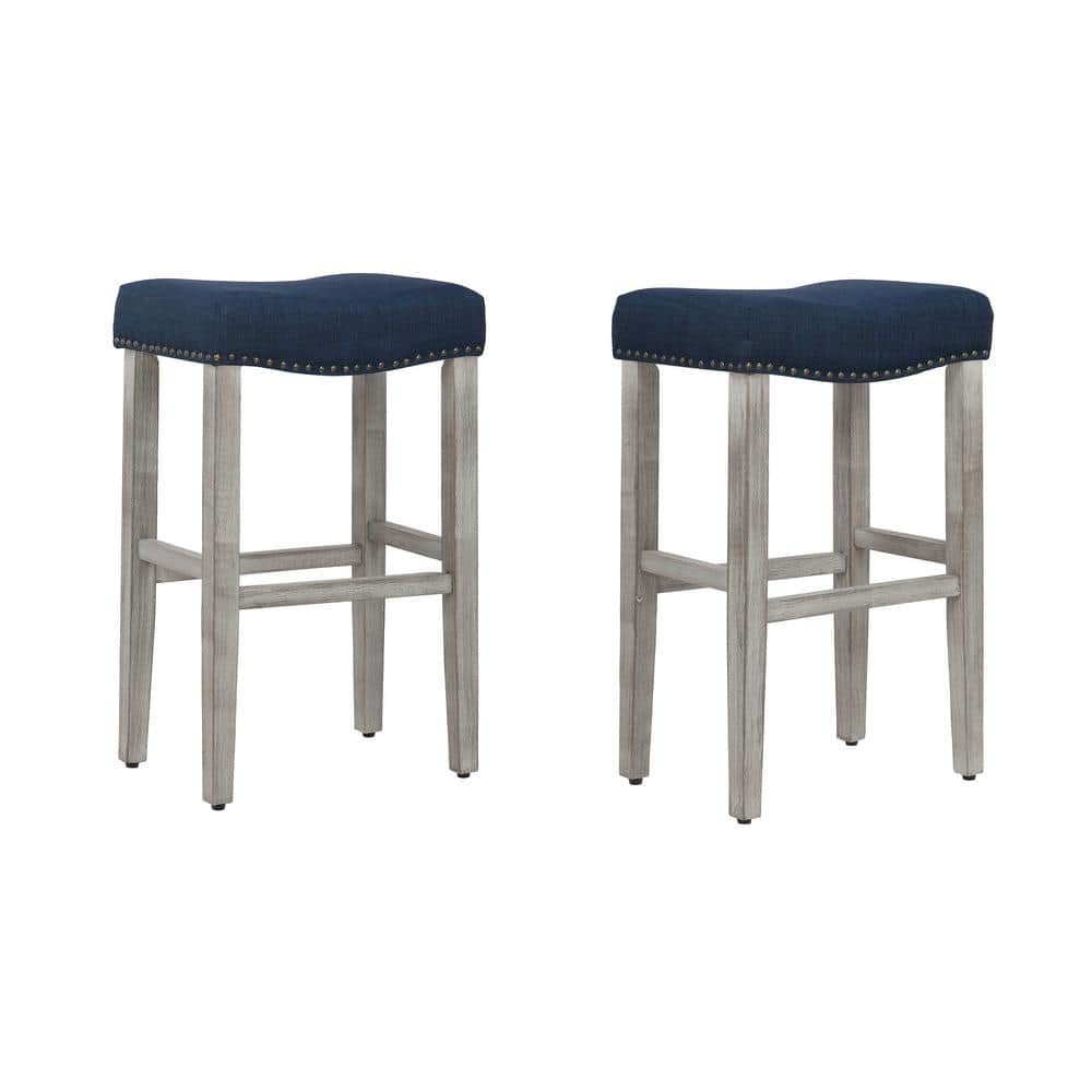 WESTIN OUTDOOR Jameson 29 in. Antique Gray Wood Bar Stool with Navy Blue Linen Seat (Set of 2) ID401-29-AG-NB-2