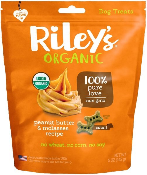 Riley's Organic Peanut Butter and Molasses Recipe Biscuit Dog Treat， Small， 5-oz bag