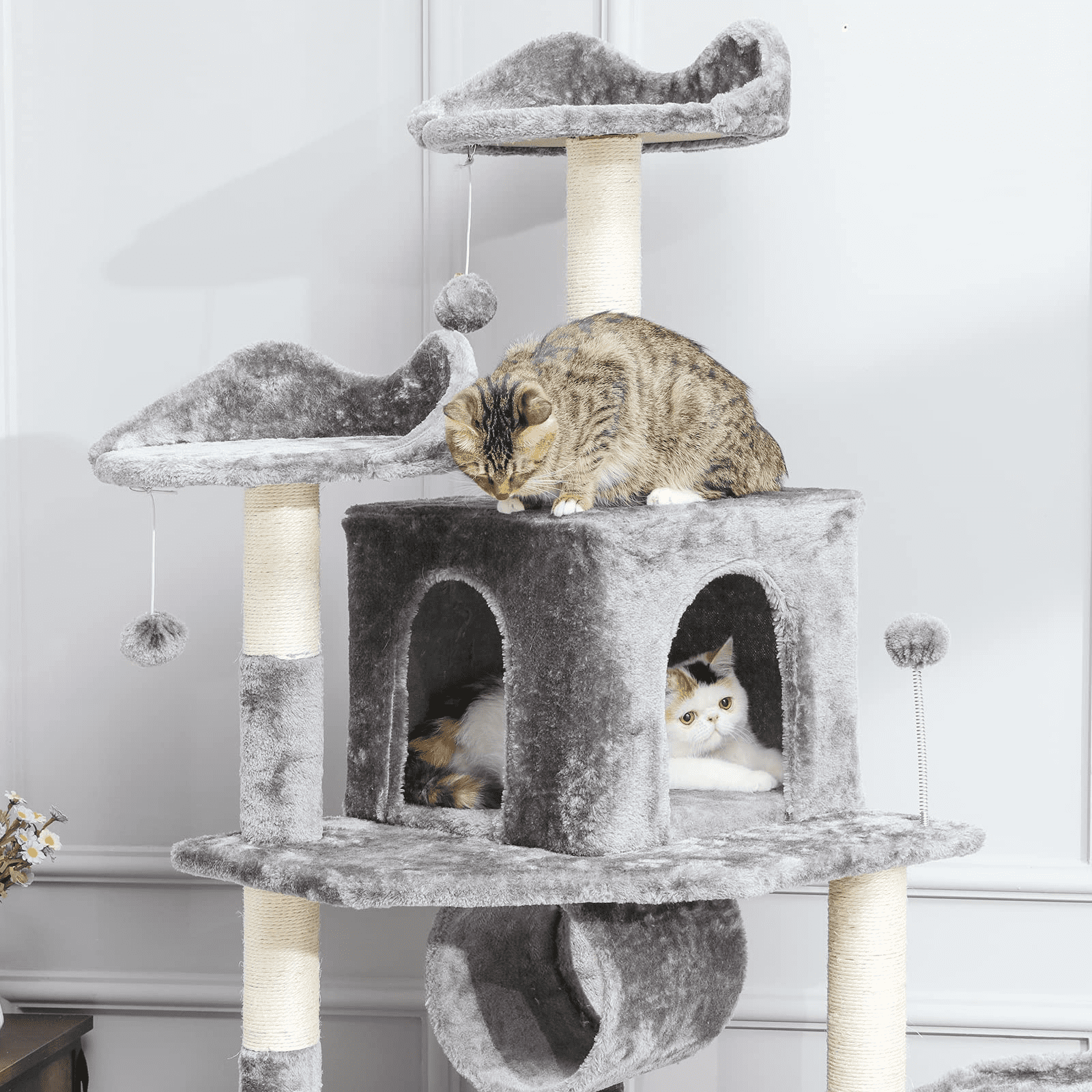 69” Tall Cat Tree Scratching Post， XL Cats Tower with Scratcher Hammock Condo House Top Perch Bed for Indoor Large Cat and Kitten (Gray)