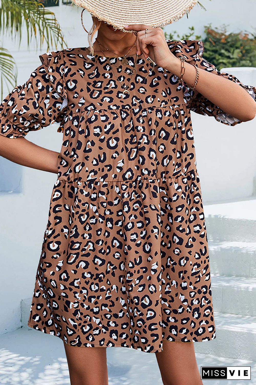 Leopard Print Splicing Ruffle Dress