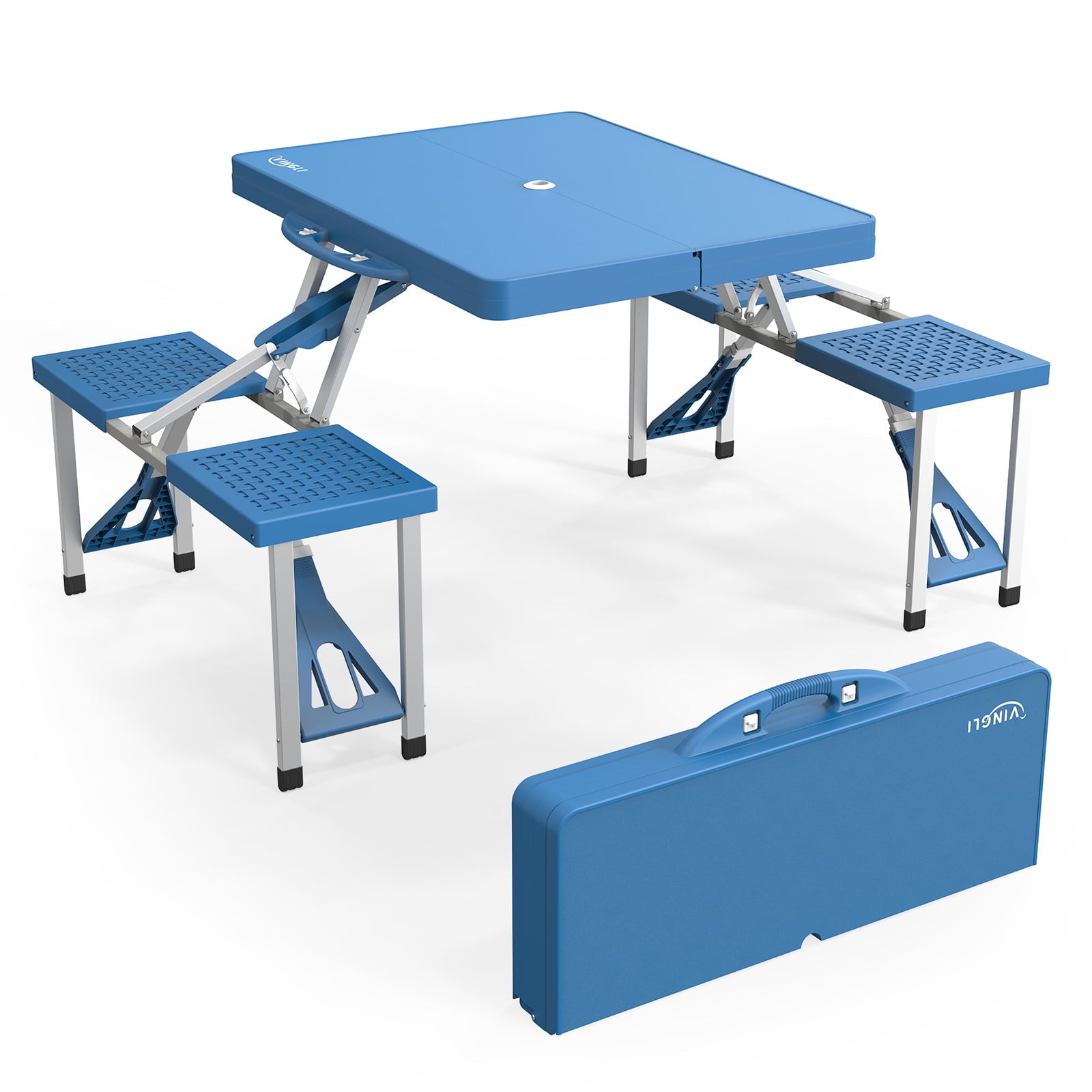 VINGLI Camping Picnic Portable Folding Table Set with 4 Seats and Umbrella Hole， Blue