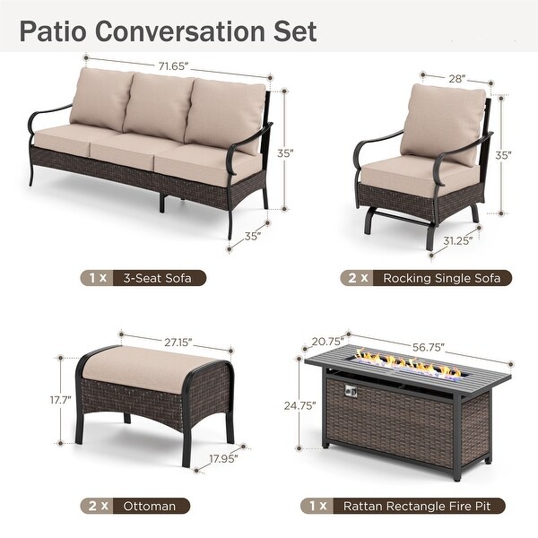 MAISON ARTS 4/6Piece HeavyDuty Oversized Metal Conversation Set with Fire Pit Table，3Seat Sofa，Swivel Chairs，Ottoman(s)