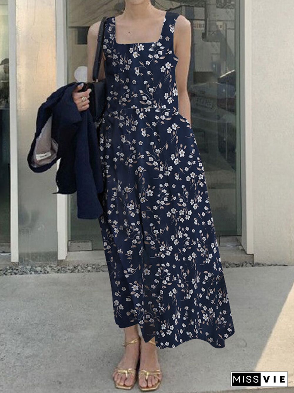 Floral Print Ruched Sleeveless Square Collar Maxi Dress