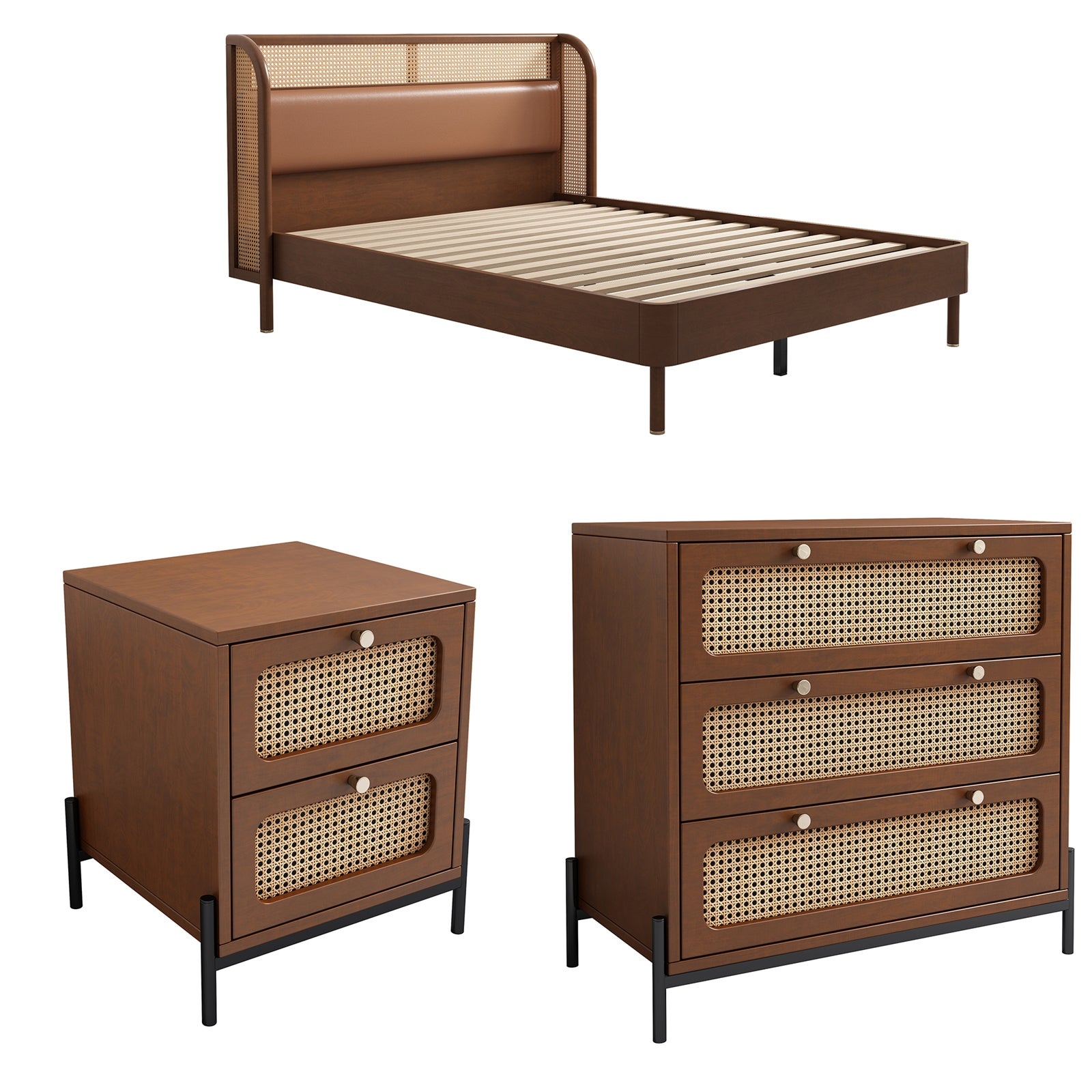 3 Pieces Set Rattan Wood Platform Queen Bed with Nightstand and Chest - - 37970665