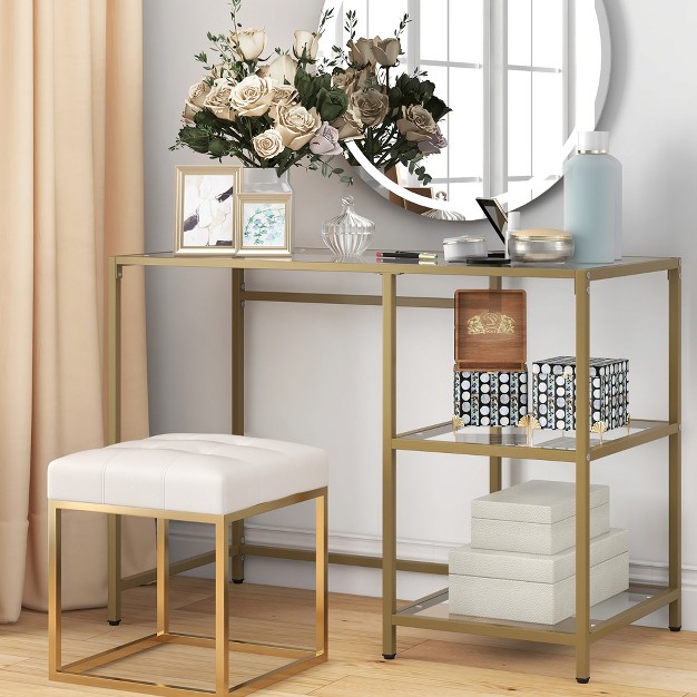 Costway 42 modern Console Table Tempered Glass Entryway Table With 2 Open Shelves amp Metal Frame Gold