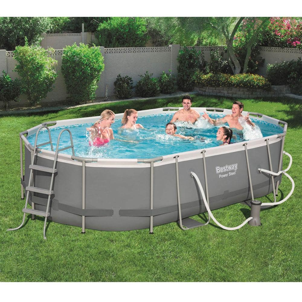 Bestway 16 ft. x 10 ft. Oval 42 in. Soft-Side Above Ground Swimming Pool Set 56655E-BW