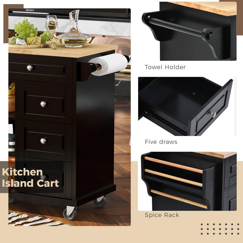 Black Rubber Wood Desktop 52.8 in. W Kitchen Island on 5-Wheels with Storage and 5-Drawers VJ026KIsland6