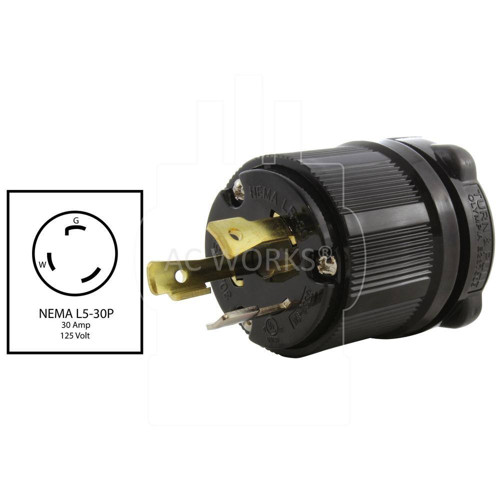 AC WORKS NEMA 30 Amp 125-Volt 3 Prong Locking Male Plug With UL C-UL Approval ASL530P-BK