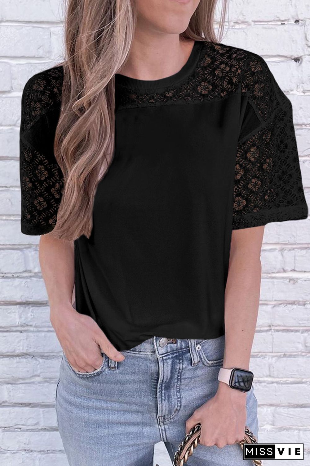 Black Plain Lace Stitching Short Sleeve Tee