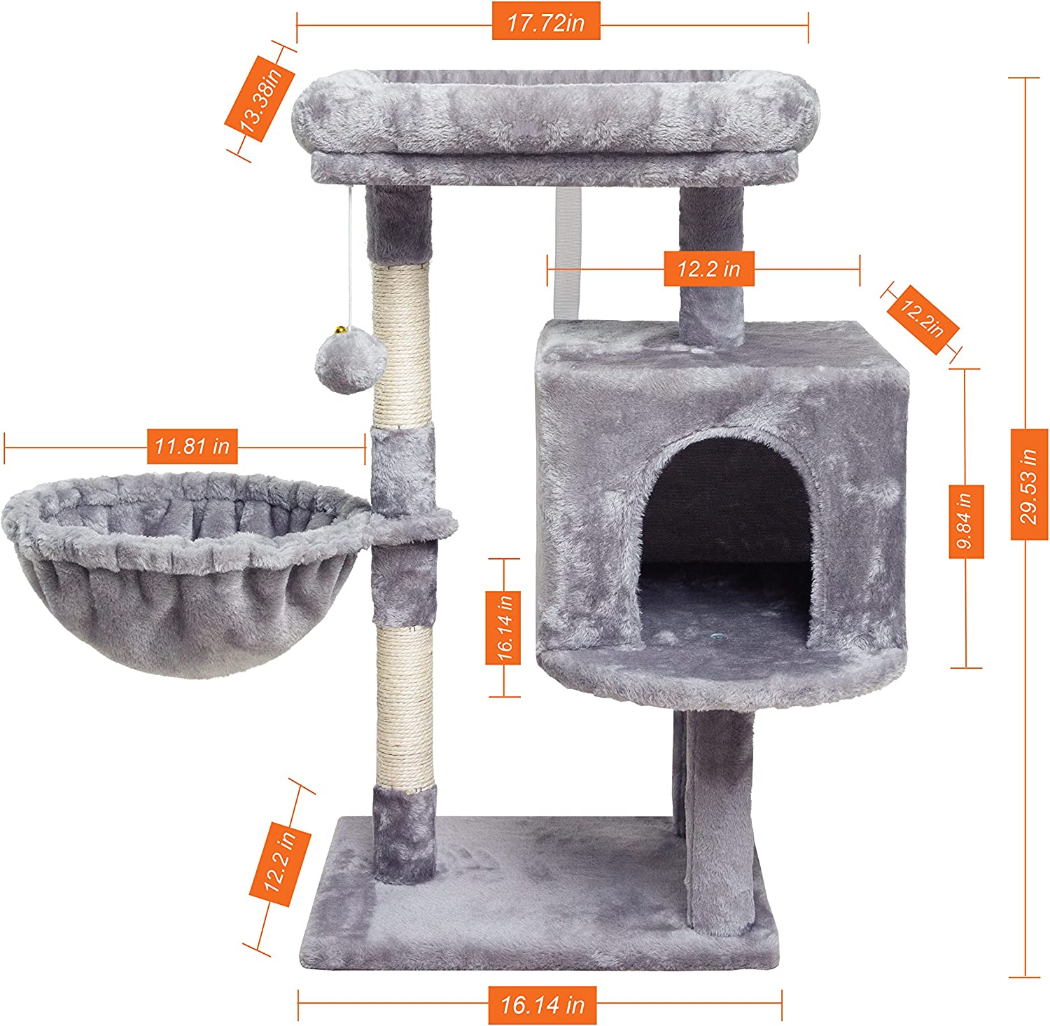 Small Cat Tree for Indoor Cats, Activity Cat Tower, Condo with Scratching Post for Kittens, Climbing Stand with Basket & Hanging Ball for Play Rest (Grey)