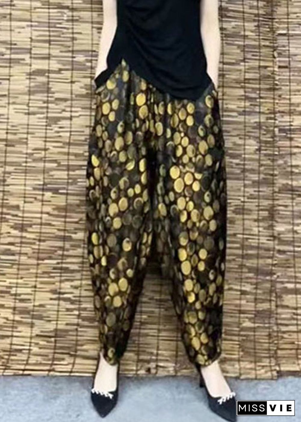 DIY Yellow Pockets Print Elastic Waist Harem Pants Summer