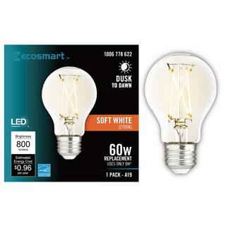 EcoSmart 60-Watt Equivalent A19 Dimmable CEC Dusk to Dawn Clear Glass Filament LED Light Bulb Soft White 11CFA1960WDTD01