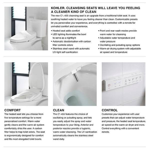 KOHLER 18.5625 in. Electric Cleansing Bidet Seat for Elongated Closed Front Toilet in White K-8298-CR-0