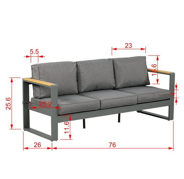 Aoodor Patio Furniture 3 Seater Aluminum Sofa Couch Deep Seat