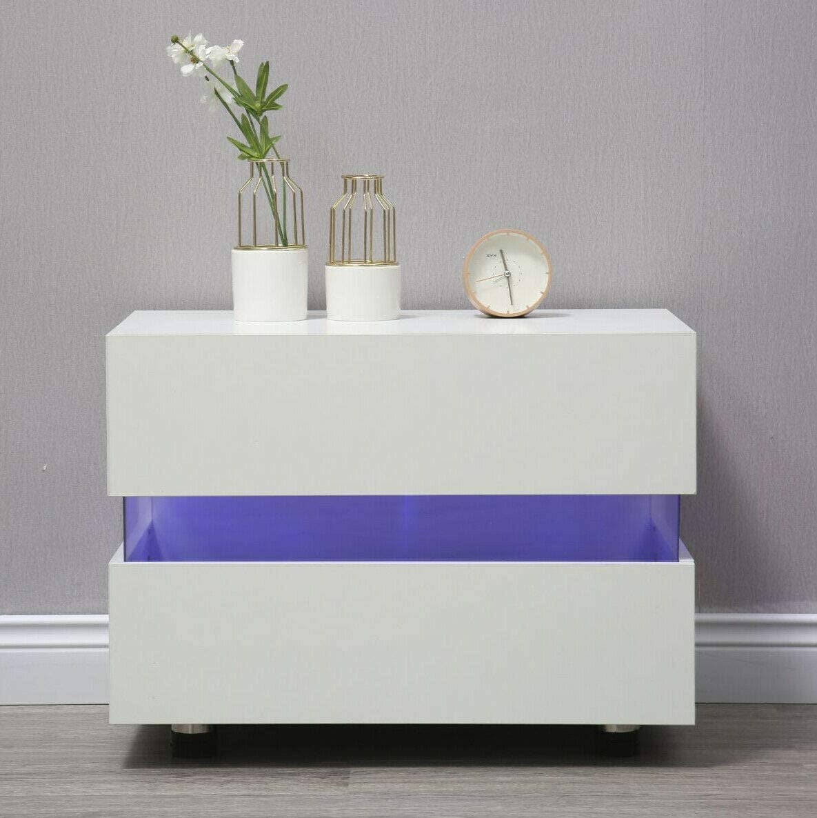 Anqidi White/Black High Gloss Nightstand, Modern Multi-color LED Light Bedside End Table Minimalist Storage Cabinet with 2 Drawers