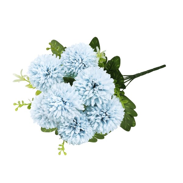 Set of 3 Light Blue Artificial Pom Pom Mum Flower Stem Bush Bouquet 16in