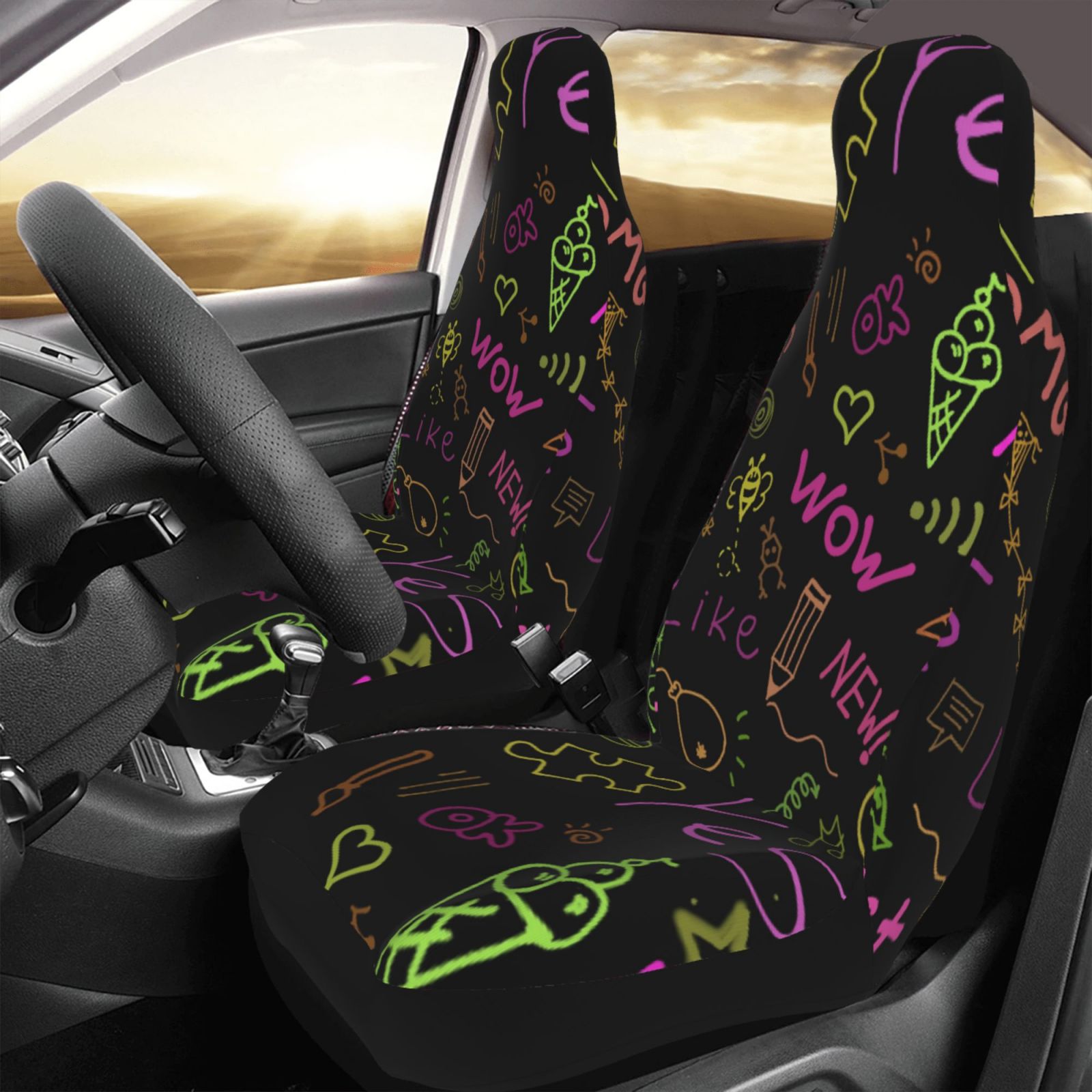 TEQUAN Front Seat Covers， Funny Colorful Graffiti Pattern 2 Piece Car Seat Cover Fit Most Car SUV Truck Van