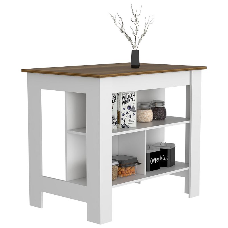 DEPOT E-SHOP Delos Kitchen Island， Four Legs， Three Shelves， White / Walnut