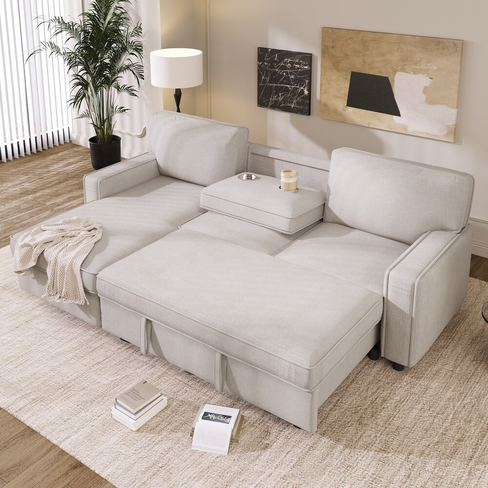 Upholstery Sleeper Sofa with Storage Space  USB port  2 cup holders on Back Cushions