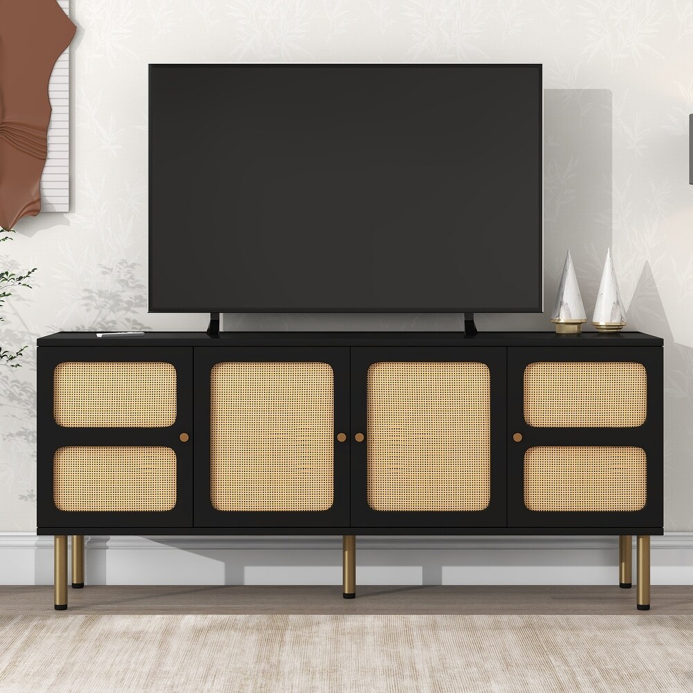 Boho Style TV Stand with Rattan Door  Media Console Table for TVs Up to 70\