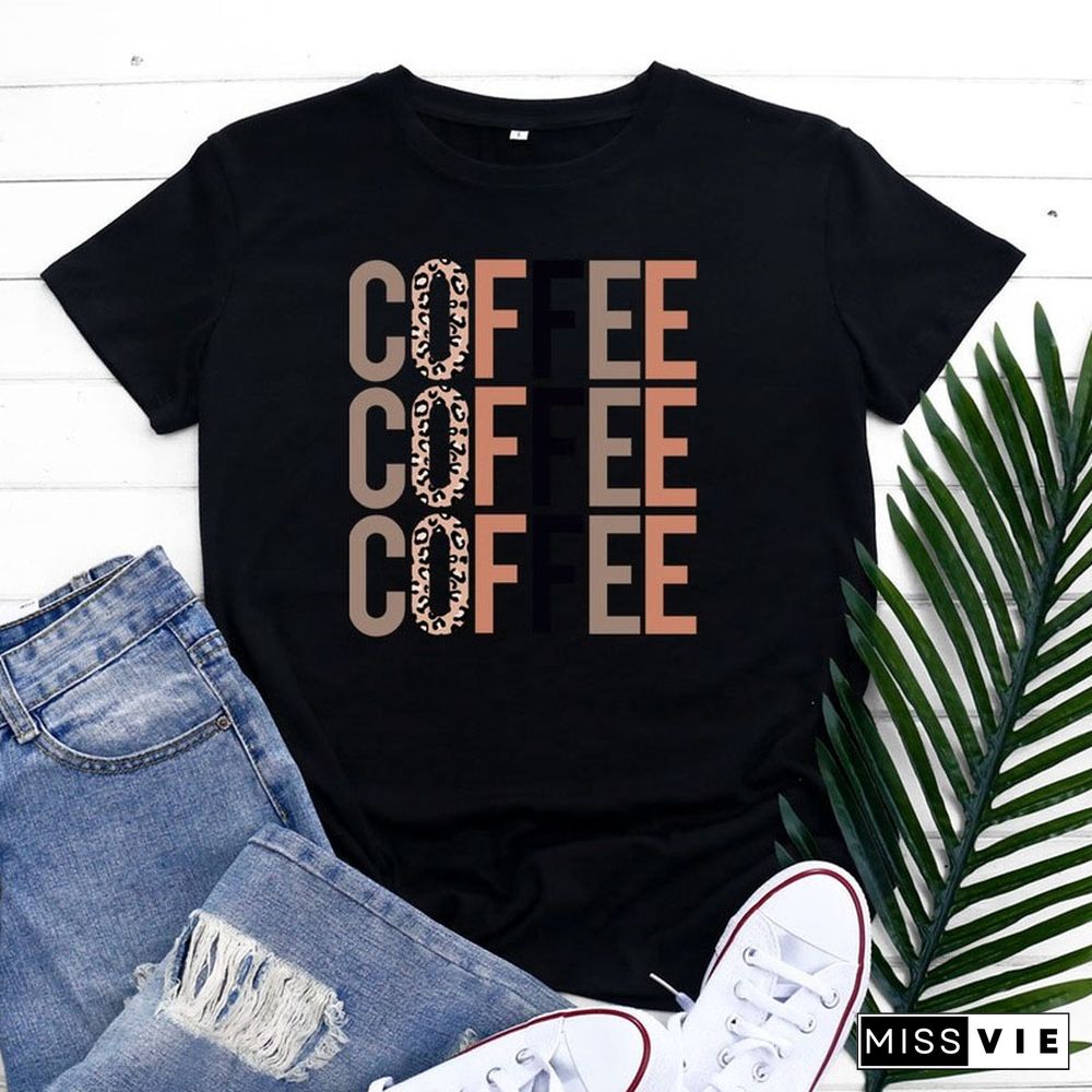 Female Regular Short Sleeve Summer Casual Women Graphic T-shirts Coffee Letter Print Ladies Fashion 100% Cotton O-Neck Tees Tops