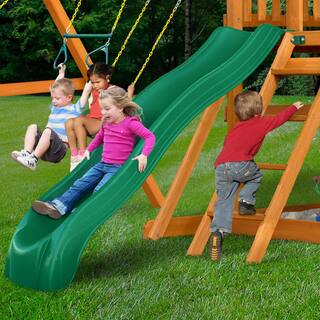 Gorilla Playsets Outing III Wooden Outdoor Playset with Tube Slide Wave Slide Rock Wall Sandbox and Backyard Swing Set Accessories 01-1073