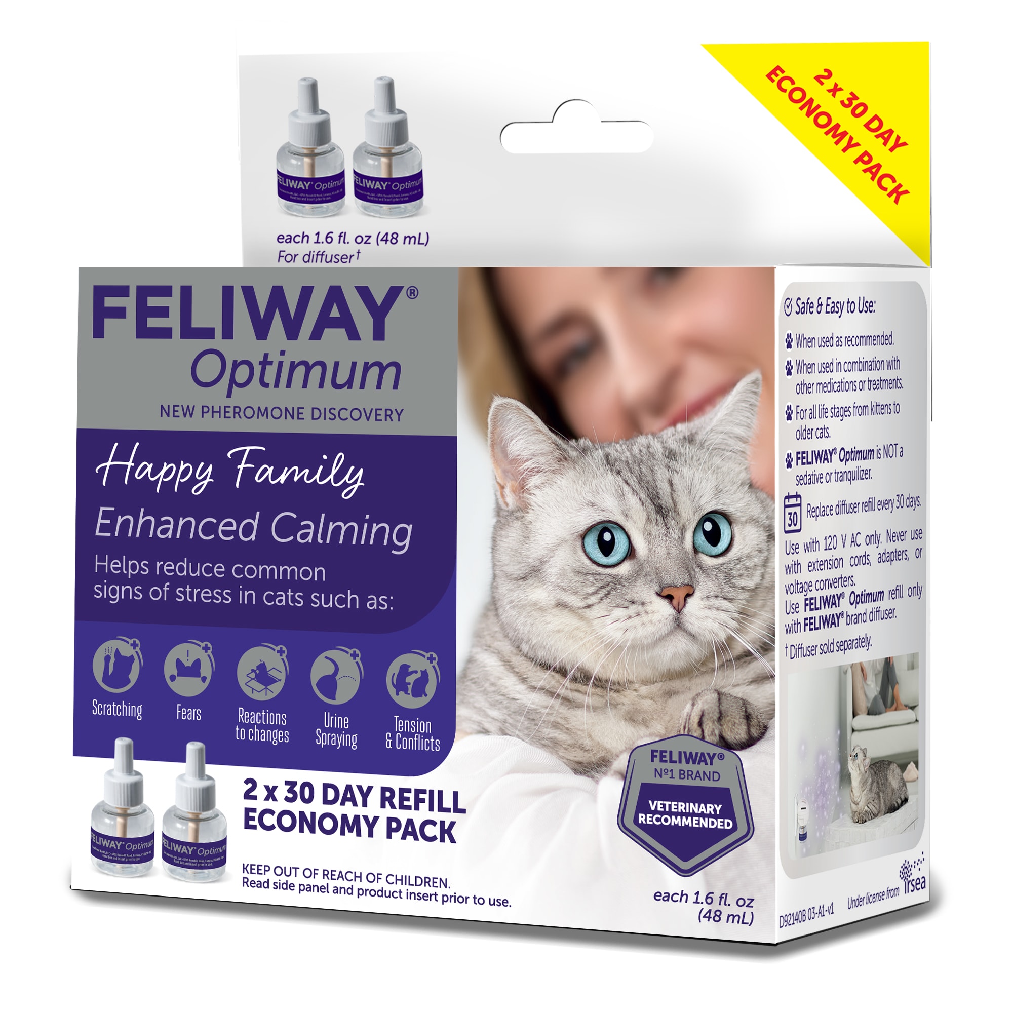 Feliway Enhanced Calming Pheromone Optimum Cat Diffuser， 48 ml.， Pack of 2