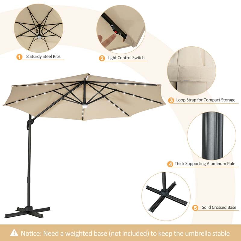 10 FT Cantilever Offset Patio Umbrella 28 Solar LED Lighted Market Umbrella with 3-Tilt Position, Crossed Base