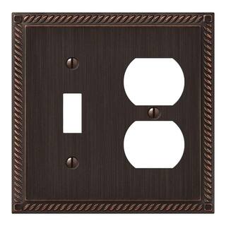 AMERELLE Georgian 2 Gang 1-Toggle and 1-Duplex Metal Wall Plate - Tumbled Aged Bronze 54TDAZ