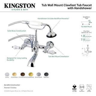 Kingston Brass Aqua Vintage 3-Handle 7 in. Wall Mount Claw Foot Tub Faucet with Hand Shower in Brushed Brass HAE555T7