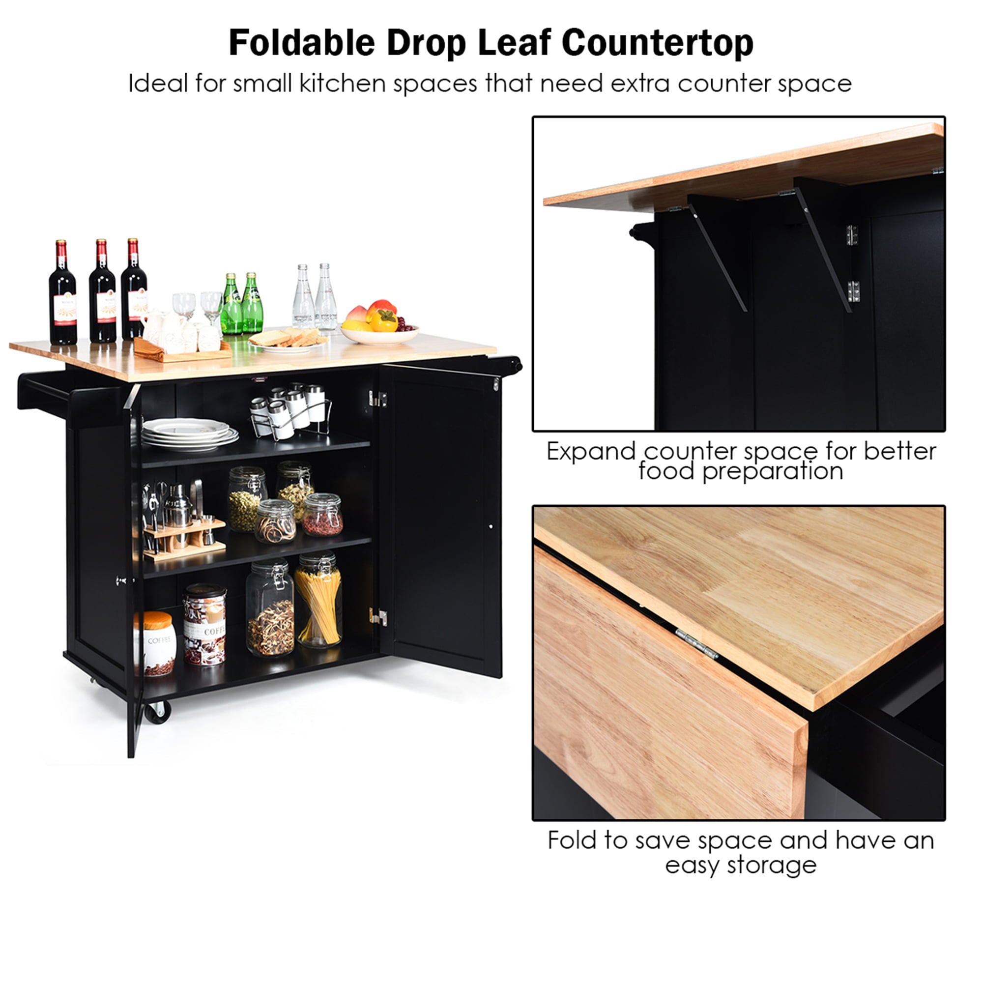 Gymax Drop-Leaf Kitchen Island Trolley Cart Wood Storage Cabinet w/ Spice Rack Black