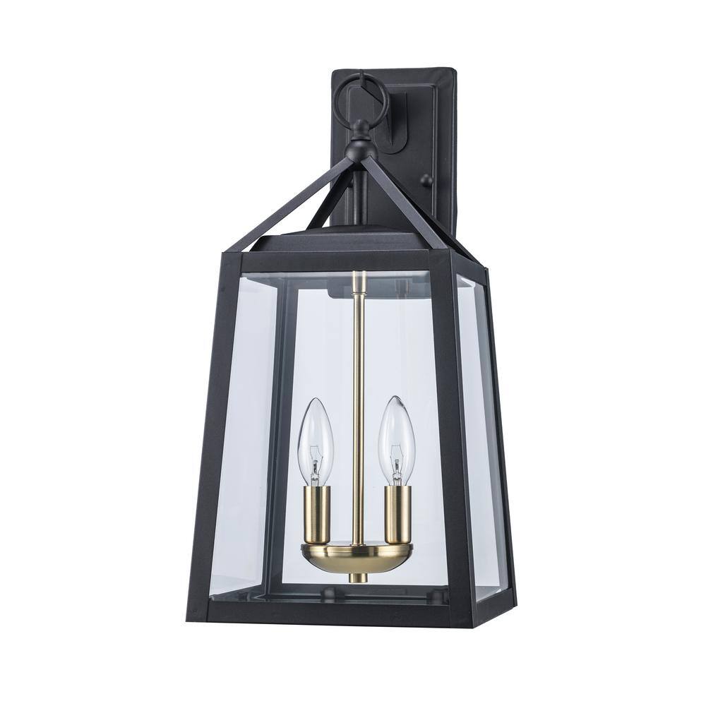 Home Decorators Collection Blakeley Transitional 2-Light Black and Brass Outdoor Wall Light Fixture with Clear Beveled Glass L-19905BKBRASS