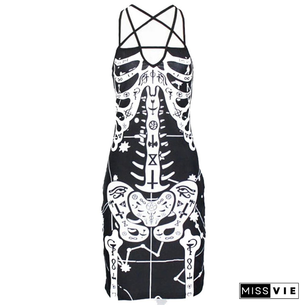 Goth Dress Summer Women Sleeveless Hollow Out Mini Dress Graphic Skeleton Print Clubwear Y2k Dark Academia Clothes