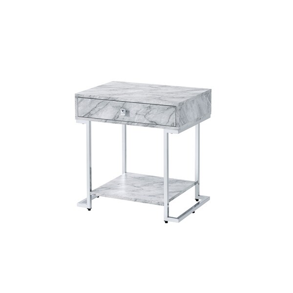 White Printed Faux Marble and Chrome Finish Wither Accent Table