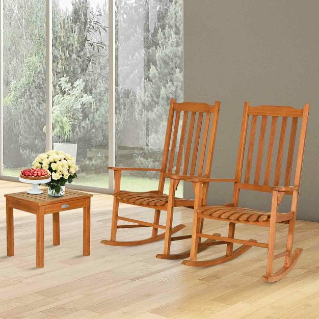 Costway 3 Pcs Eucalyptus Rocking Chair Set W Coffee Table 2 Wood Conversation Chairs